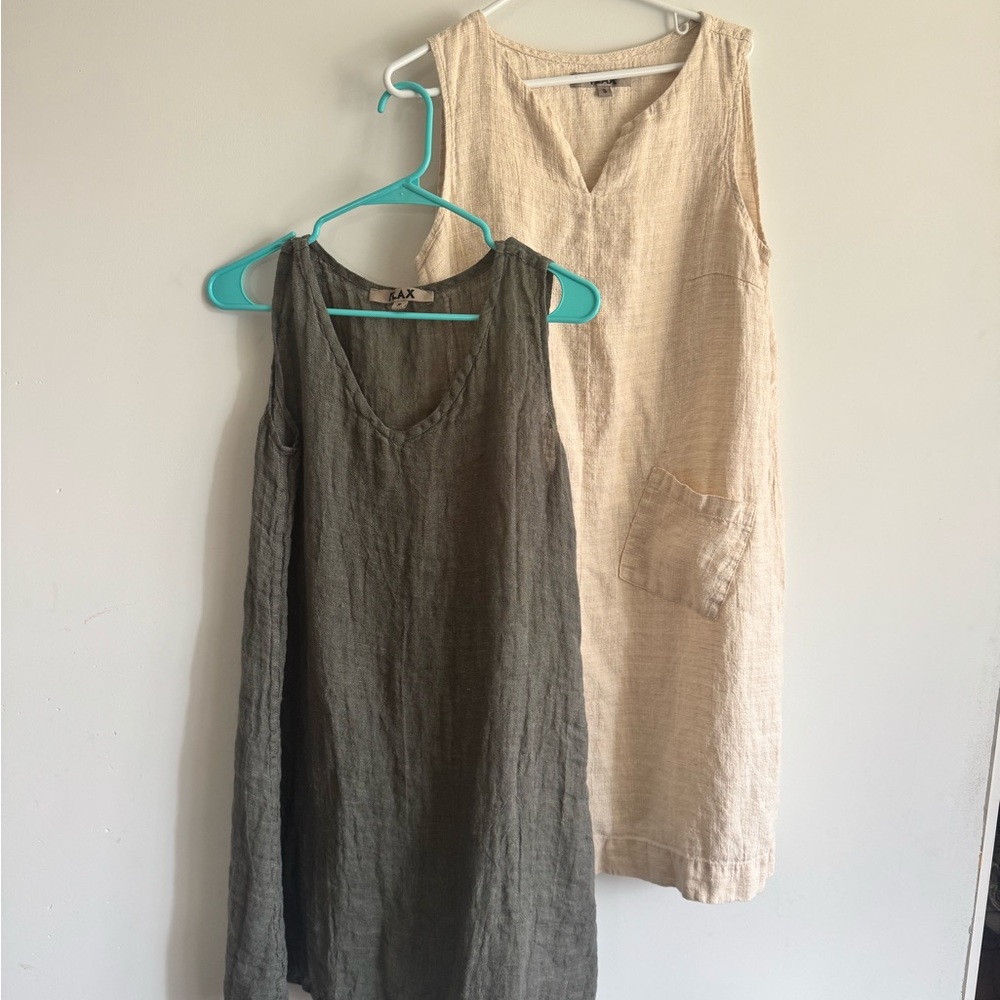2 FLAX Linen Sleeveless Dresses in Olive Gray and Beige